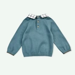 Bear Check Collar Pullover Baby Sweater (Organic Cotton)/ Teal Blue -Baby Grundausstattungs Geschäft bear check collar pullover baby sweater organic cotton teal blue 3