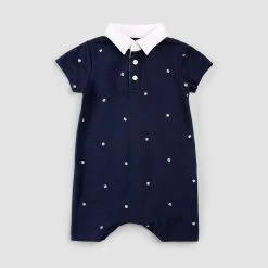 Embroidered Sports Blues Pique Boy's Polo Romper